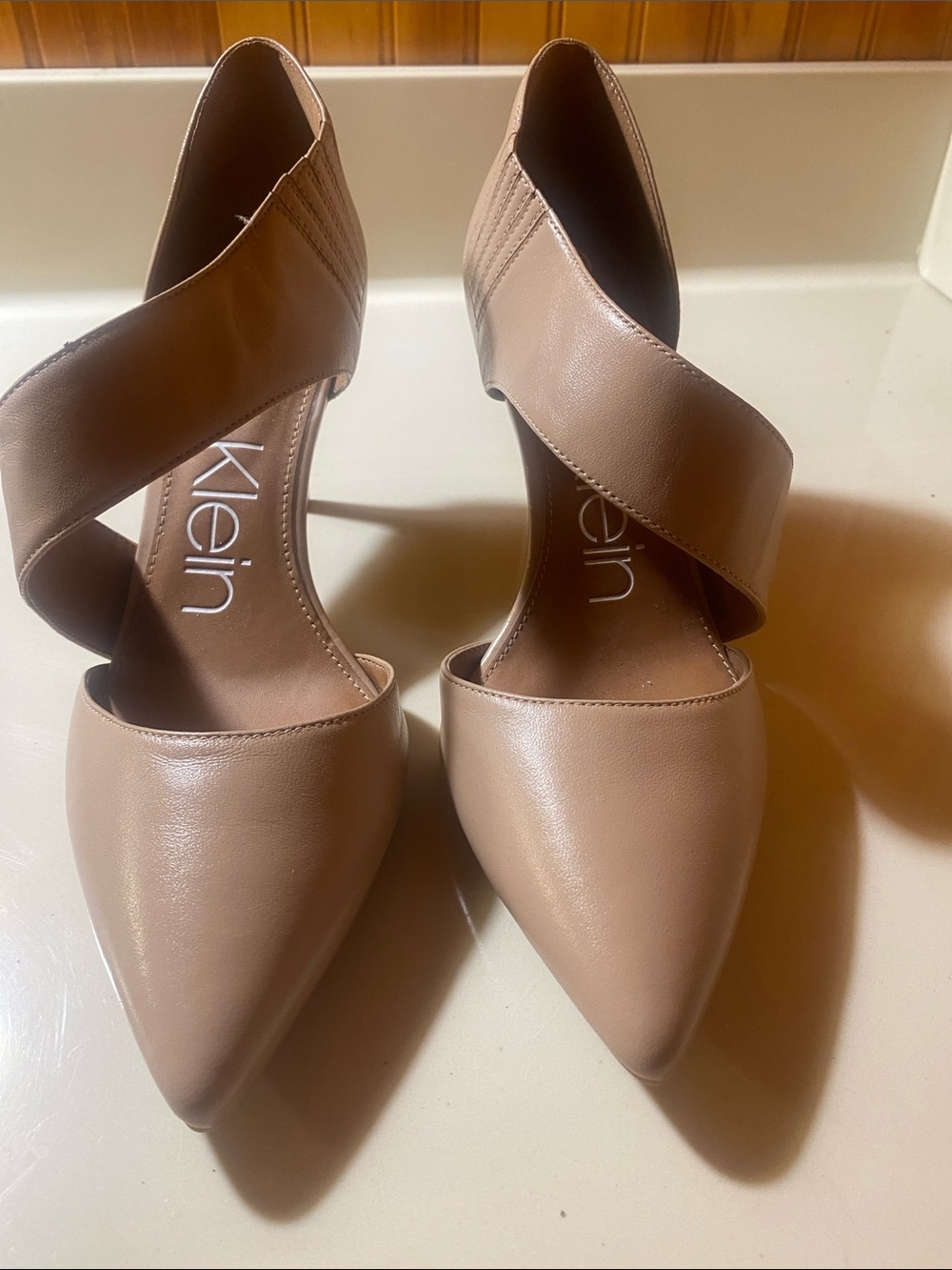 Calvin Klein Nude Gella /Tan Pointed-Toe Crisscross Heels